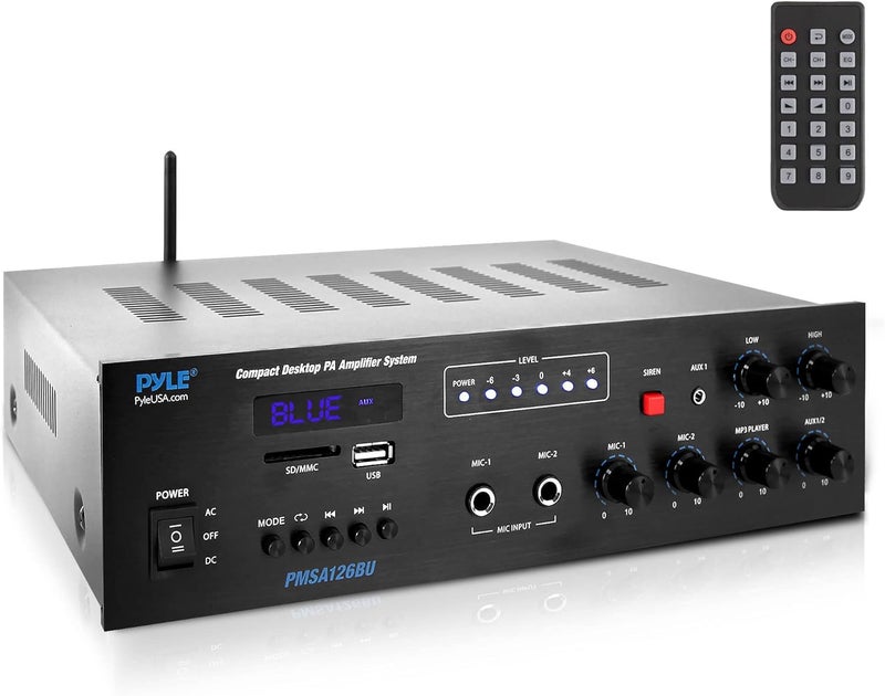 Pyle Public Address Amplifier - 500W Compact Digital Receiver w/ 70V 100V Output, Dual Mic Input, USB-A Input w/ MP3 Player, FM Radio, RCA | Home, Continuous Volume and Commercial | PMSA126BU - Image 1